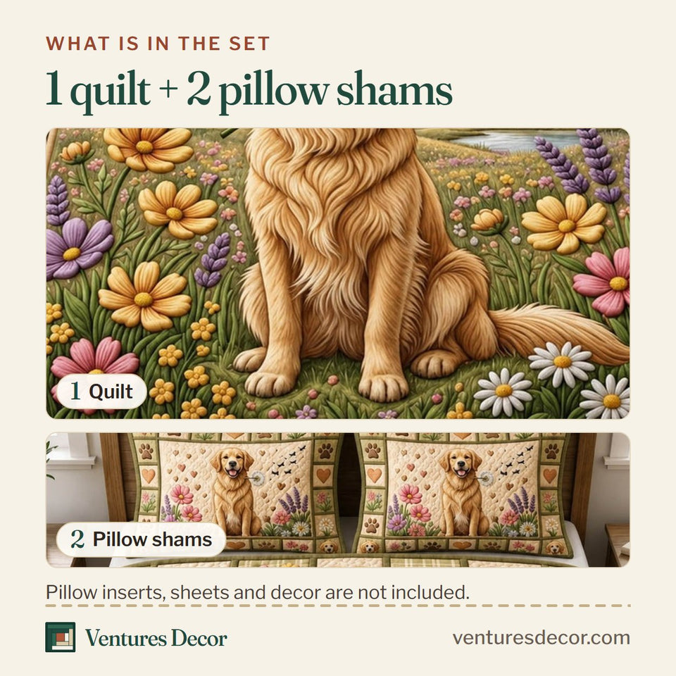 What is in the set: one quilt and two pillow shams, shown in the Dog Lover design