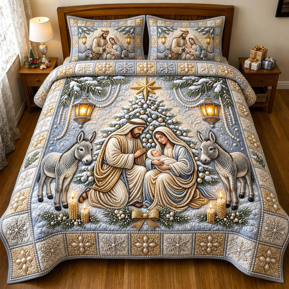 Donkeys at the Creche quilted bedding set, quilt and two pillow shams on a made bed
