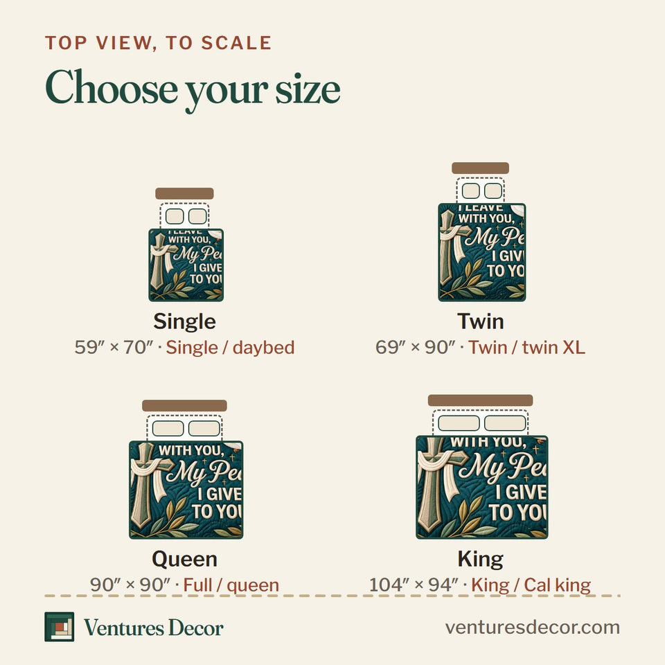 Size guide for the Dove Peace quilt, top view to scale: Single 59 x 70 in, Twin 69 x 90 in, Queen 90 x 90 in, King 104 x 94 in
