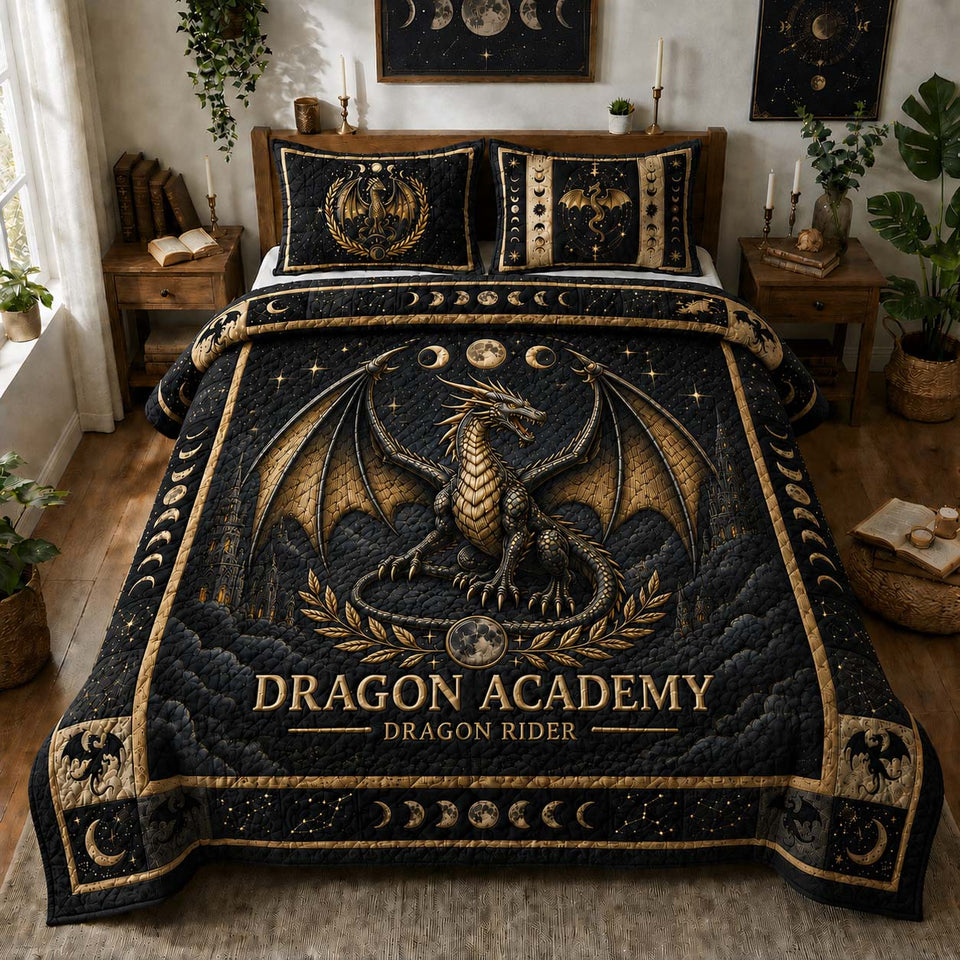 Dragon Academy Rider quilted bedding set, quilt and two pillow shams on a made bed