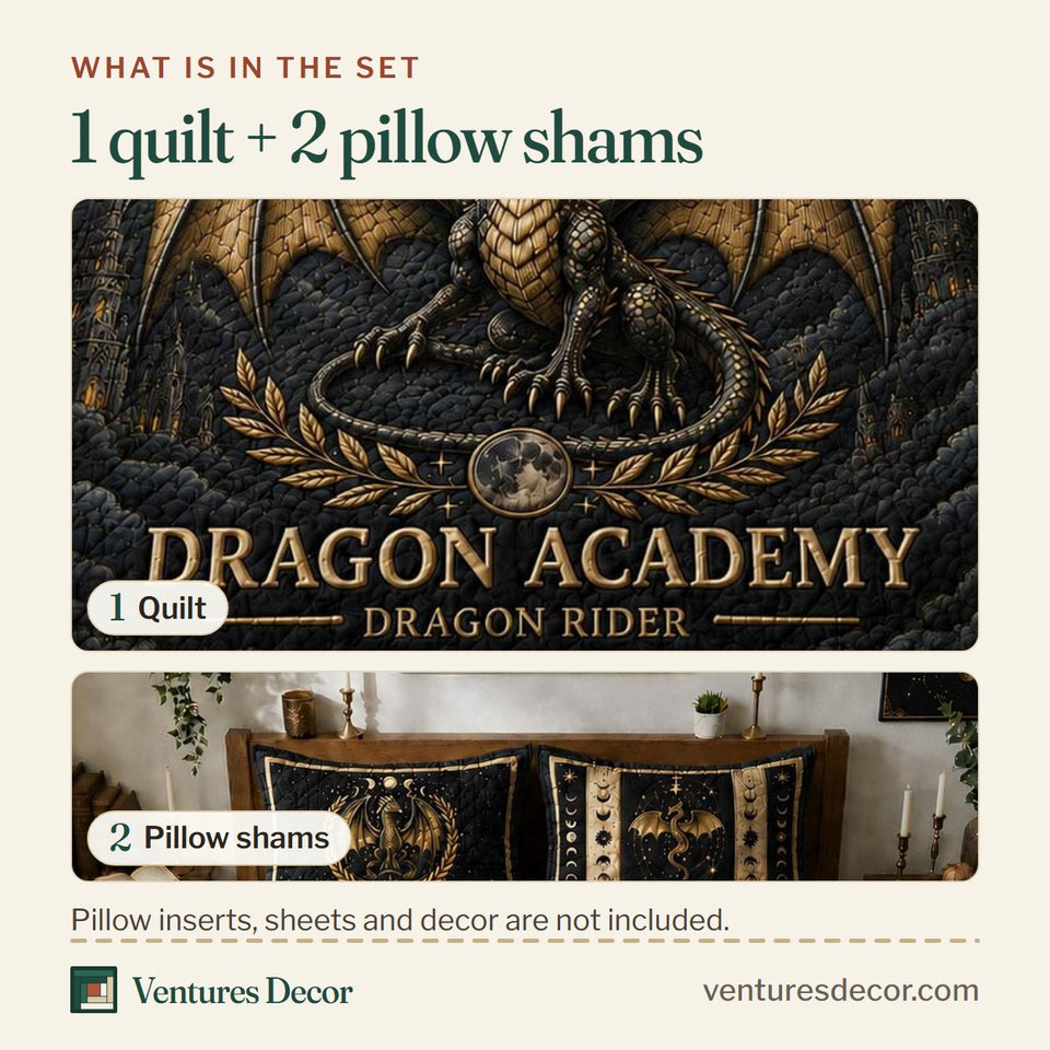 What is in the set: one quilt and two pillow shams, shown in the Dragon Academy Rider design