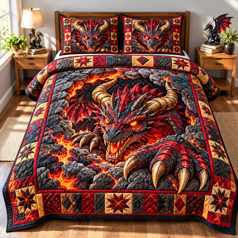 Dragon Ancient Legends quilted bedding set, quilt and two pillow shams on a made bed