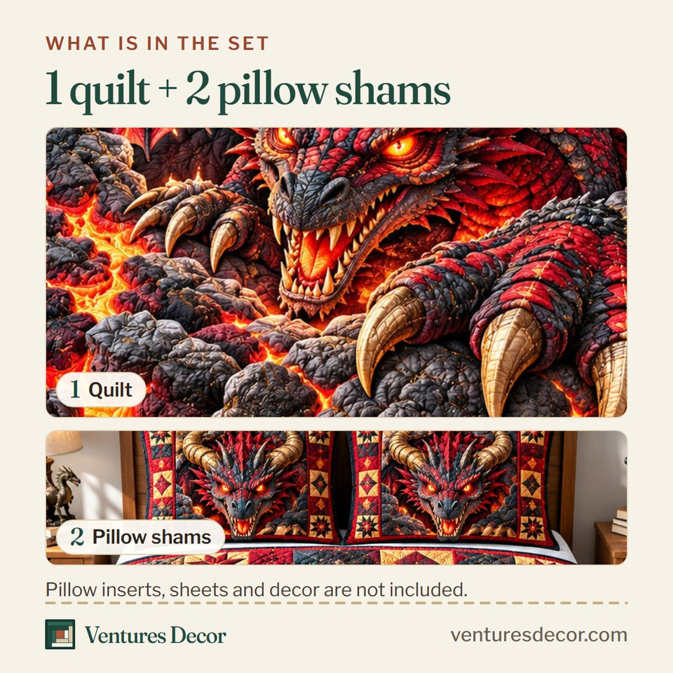 What is in the set: one quilt and two pillow shams, shown in the Dragon Ancient Legends Quilt Set, 3-Piece Quilted Bedding with 2 Pillow Shams design
