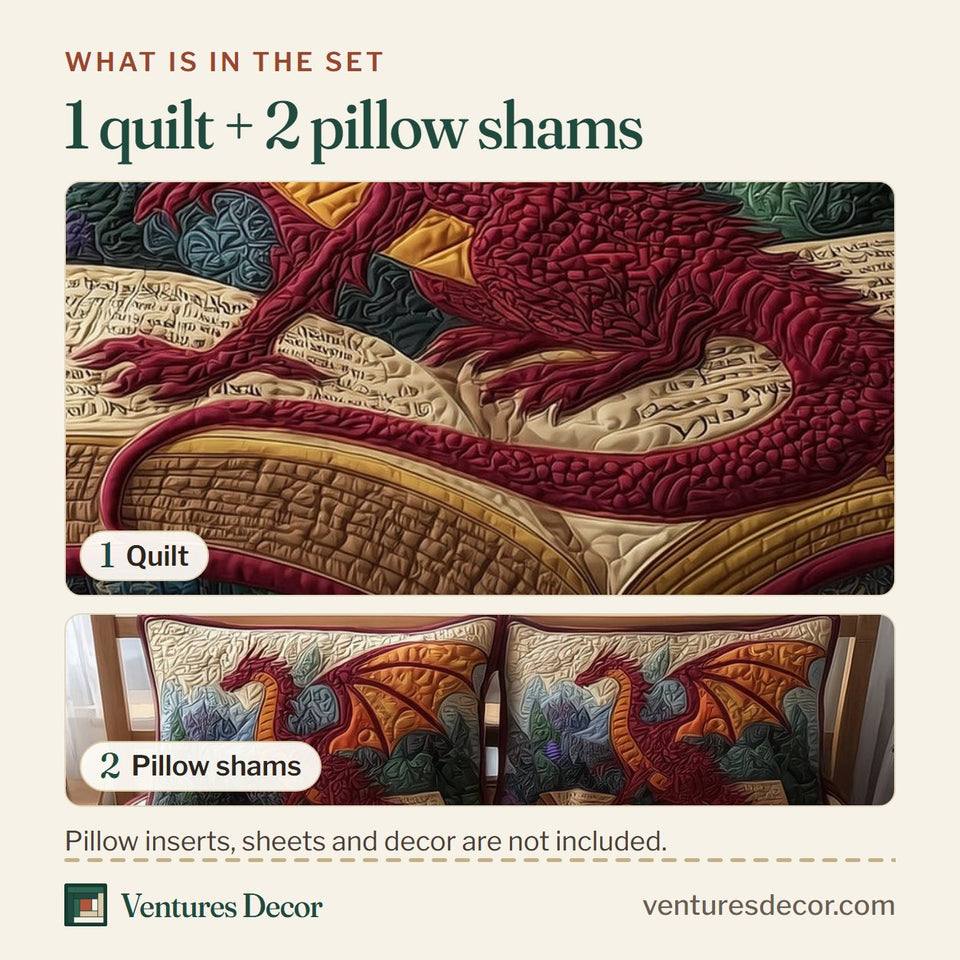 What is in the set: one quilt and two pillow shams, shown in the Dragon And Book design