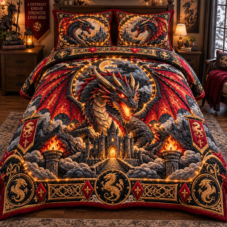 Dragon Castle Inferno quilted bedding set, quilt and two pillow shams on a made bed