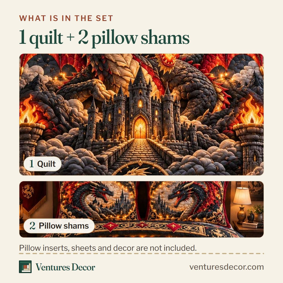 What is in the set: one quilt and two pillow shams, shown in the Dragon Castle Inferno design