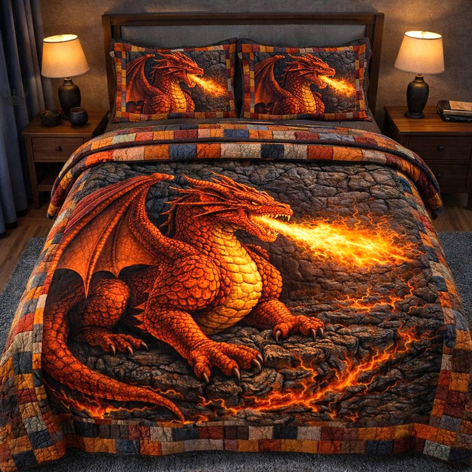 Dragon Charm Fire Breather On Molten Rock quilted bedding set, quilt and two pillow shams on a made bed