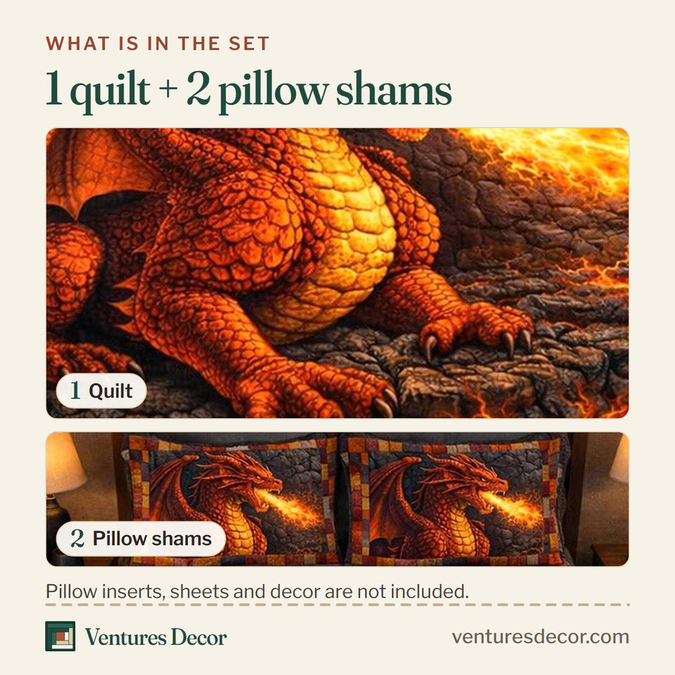 What is in the set: one quilt and two pillow shams, shown in the Dragon Charm Fire Breather On Molten Rock design