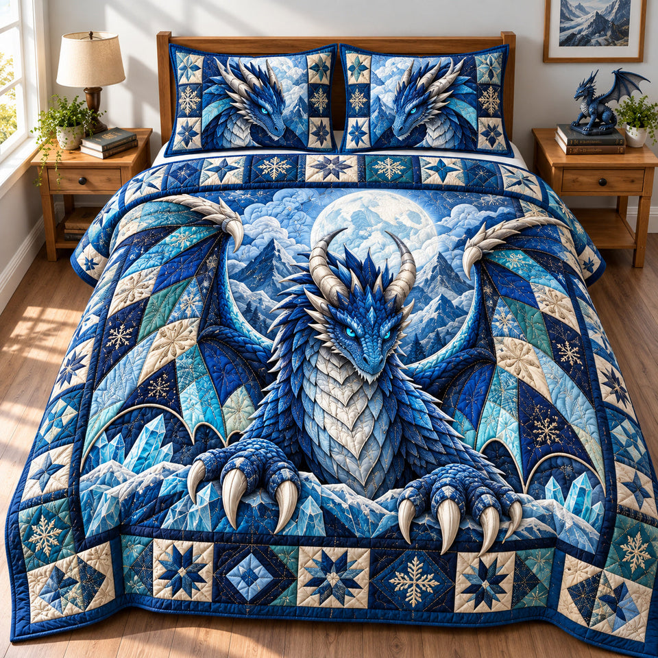 Dragon Crystal Cavern quilted bedding set, quilt and two pillow shams on a made bed