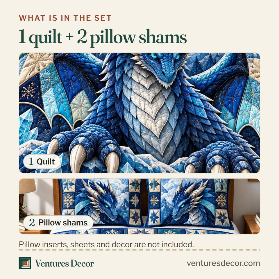 What is in the set: one quilt and two pillow shams, shown in the Dragon Crystal Cavern Quilt Set, 3-Piece Quilted Bedding with 2 Pillow Shams design