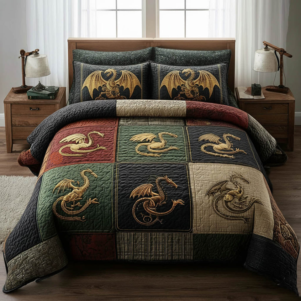 Dragon Emblem Squares Green and Rust quilted bedding set, quilt and two pillow shams on a made bed