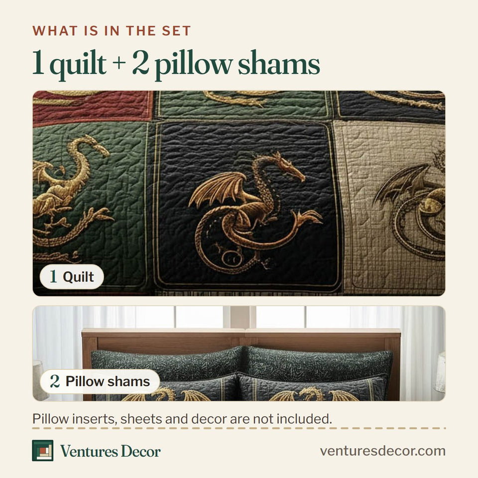 What is in the set: one quilt and two pillow shams, shown in the Dragon Emblem Squares Green and Rust design