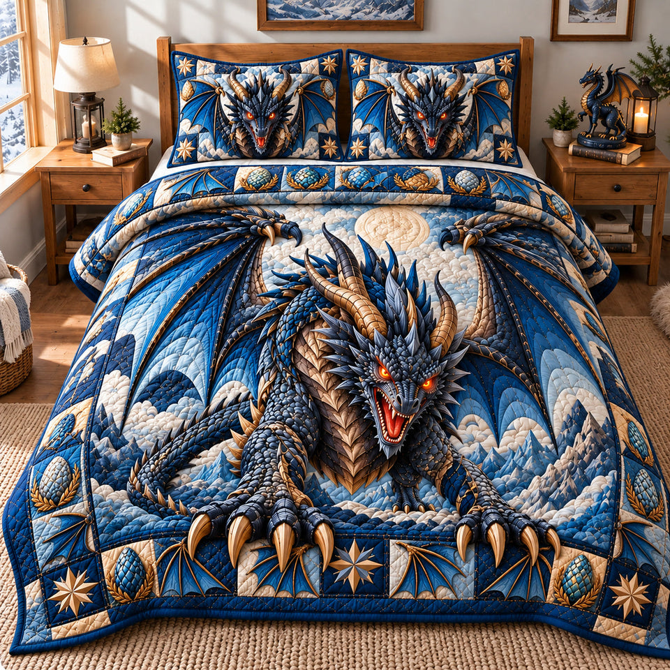 Dragon Enchanted World quilted bedding set, quilt and two pillow shams on a made bed