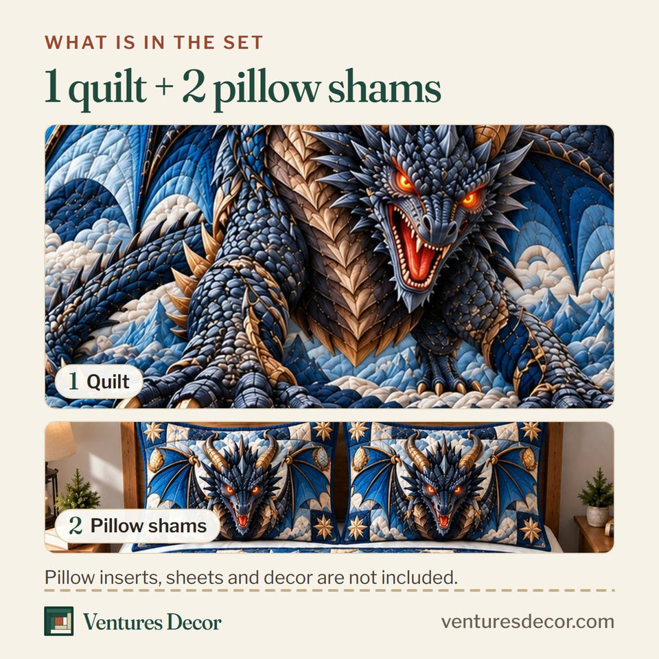 What is in the set: one quilt and two pillow shams, shown in the Dragon Enchanted World Quilt Set, 3-Piece Quilted Bedding with 2 Pillow Shams design