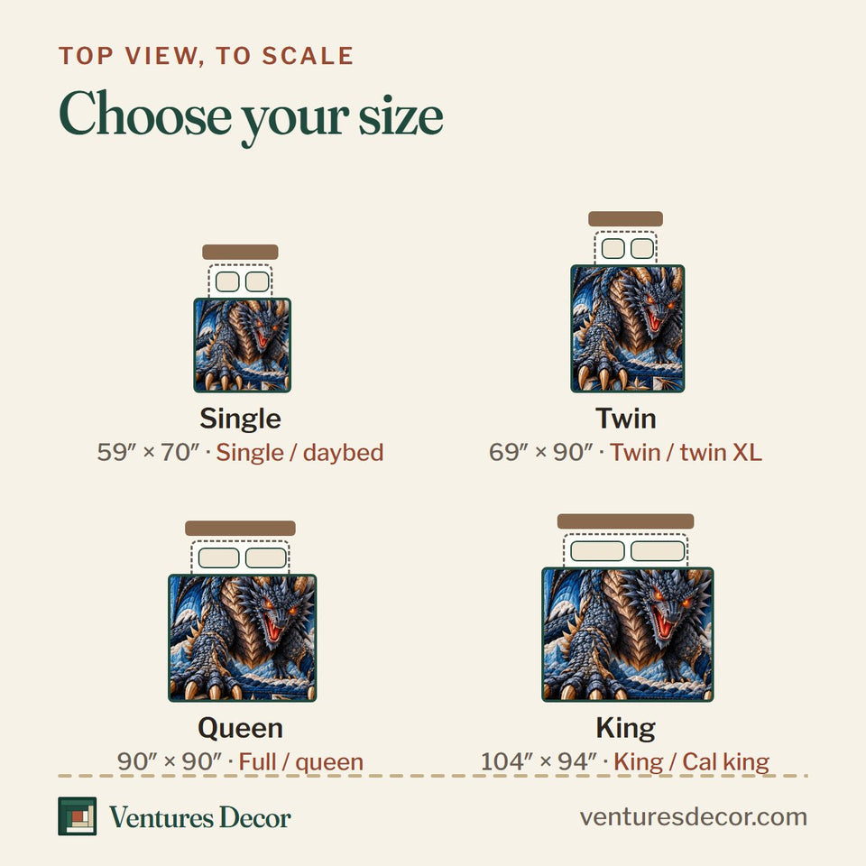 Size guide for the Dragon Enchanted World Quilt Set, 3-Piece Quilted Bedding with 2 Pillow Shams quilt, top view to scale: Single 59 x 70 in, Twin 69 x 90 in, Queen 90 x 90 in, King 104 x 94 in