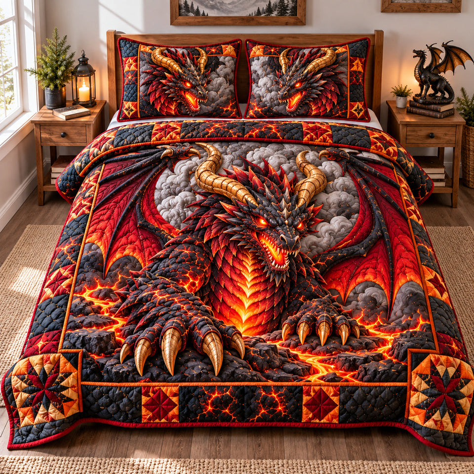 Dragon Fantasy Realm quilted bedding set, quilt and two pillow shams on a made bed