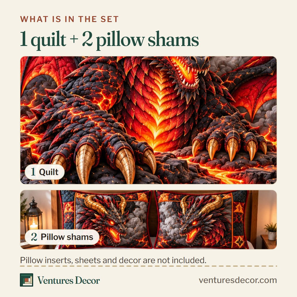 What is in the set: one quilt and two pillow shams, shown in the Dragon Fantasy Realm Quilt Set, 3-Piece Quilted Bedding with 2 Pillow Shams design