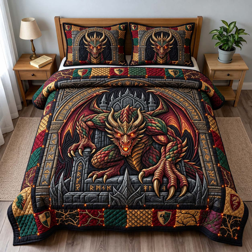Dragon Fortress quilted bedding set, quilt and two pillow shams on a made bed