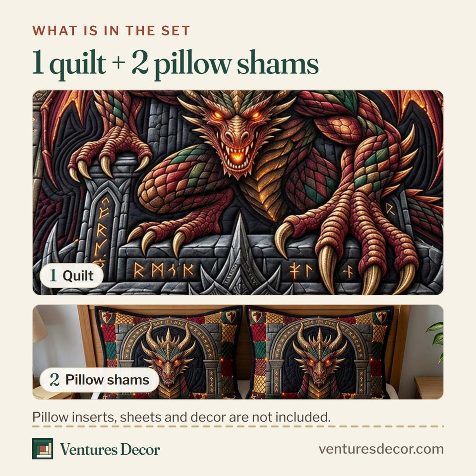 What is in the set: one quilt and two pillow shams, shown in the Dragon Fortress Quilt Set, 3-Piece Quilted Bedding with 2 Pillow Shams design