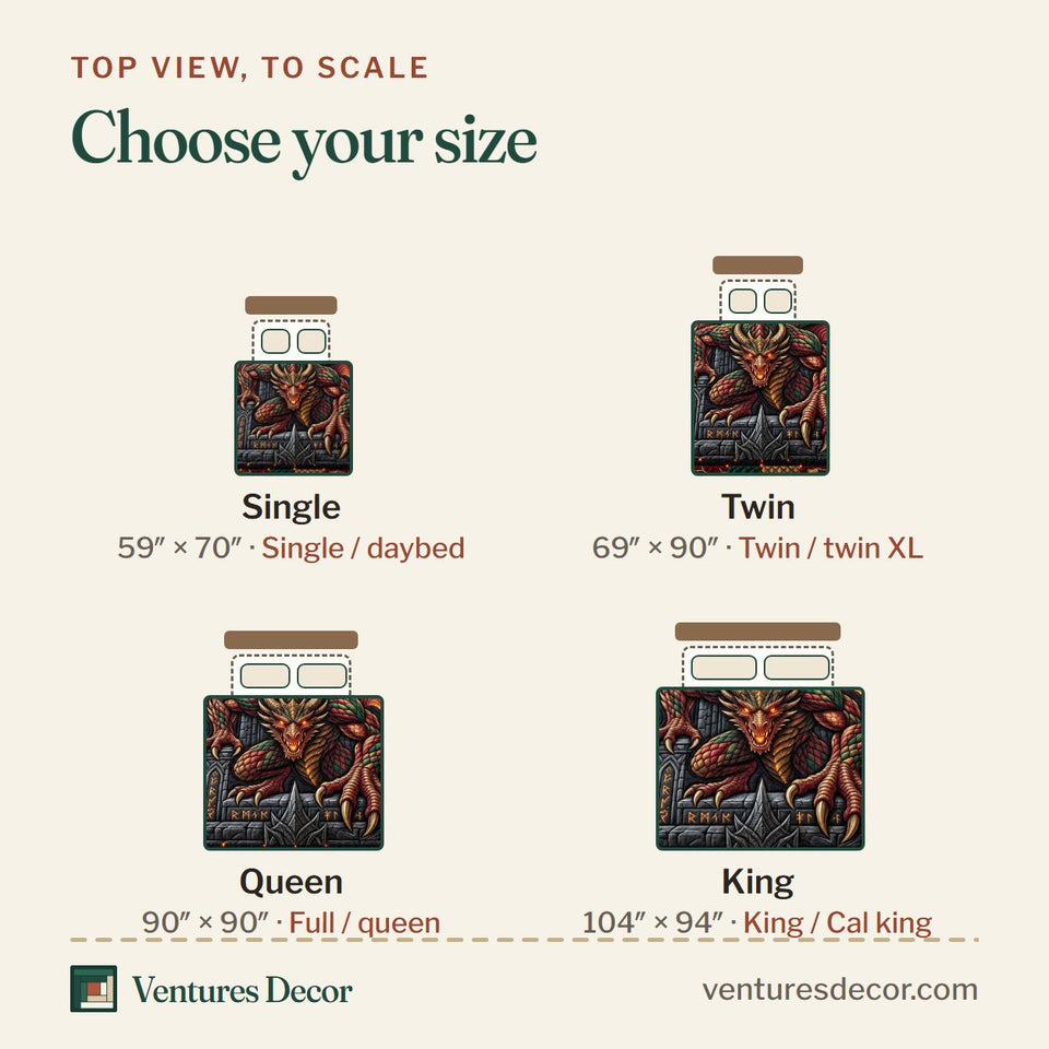 Size guide for the Dragon Fortress Quilt Set, 3-Piece Quilted Bedding with 2 Pillow Shams quilt, top view to scale: Single 59 x 70 in, Twin 69 x 90 in, Queen 90 x 90 in, King 104 x 94 in