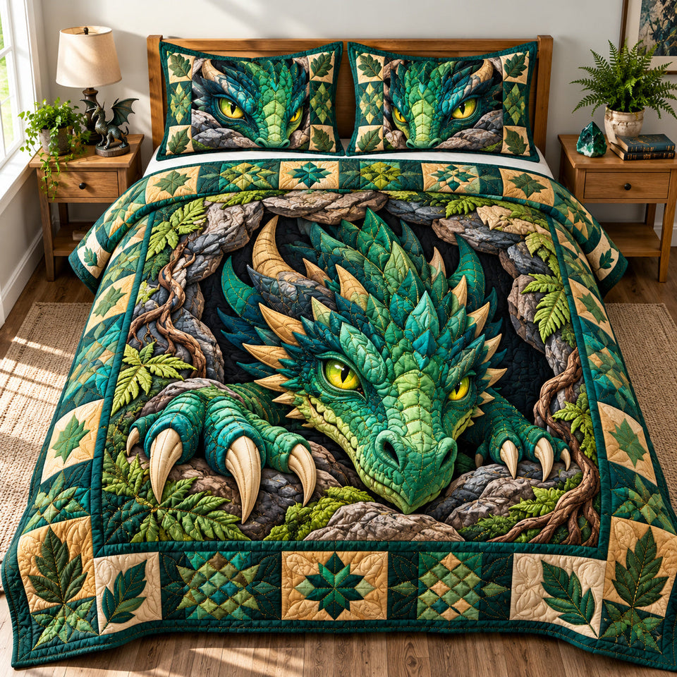 Dragon Mystic Kingdom quilted bedding set, quilt and two pillow shams on a made bed