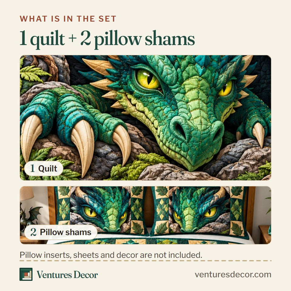What is in the set: one quilt and two pillow shams, shown in the Dragon Mystic Kingdom Quilt Set, 3-Piece Quilted Bedding with 2 Pillow Shams design
