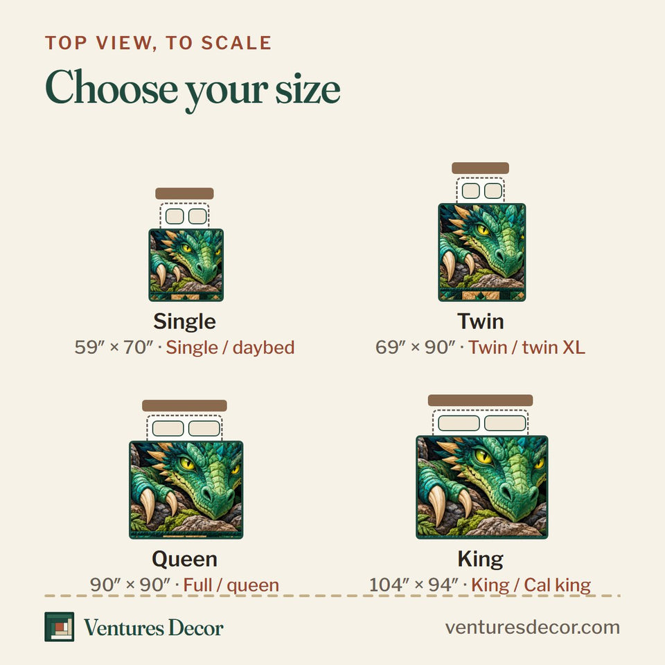 Size guide for the Dragon Mystic Kingdom Quilt Set, 3-Piece Quilted Bedding with 2 Pillow Shams quilt, top view to scale: Single 59 x 70 in, Twin 69 x 90 in, Queen 90 x 90 in, King 104 x 94 in