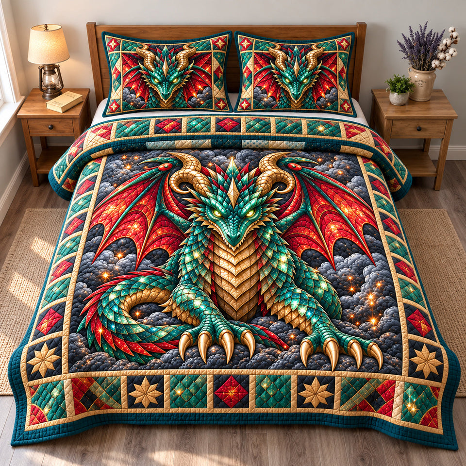 Dragon Mythic Adventure quilted bedding set, quilt and two pillow shams on a made bed