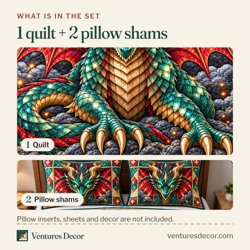 What is in the set: one quilt and two pillow shams, shown in the Dragon Mythic Adventure Quilt Set, 3-Piece Quilted Bedding with 2 Pillow Shams design