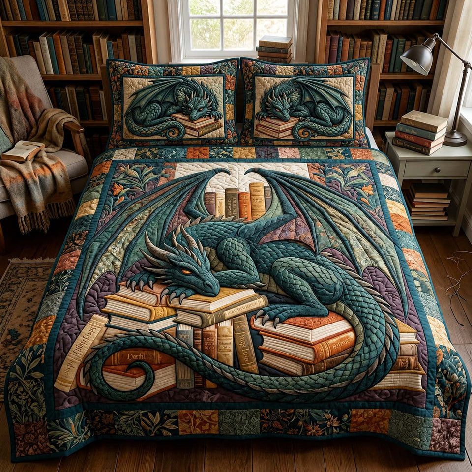Dragon on the Book Hoard quilted bedding set, quilt and two pillow shams on a made bed