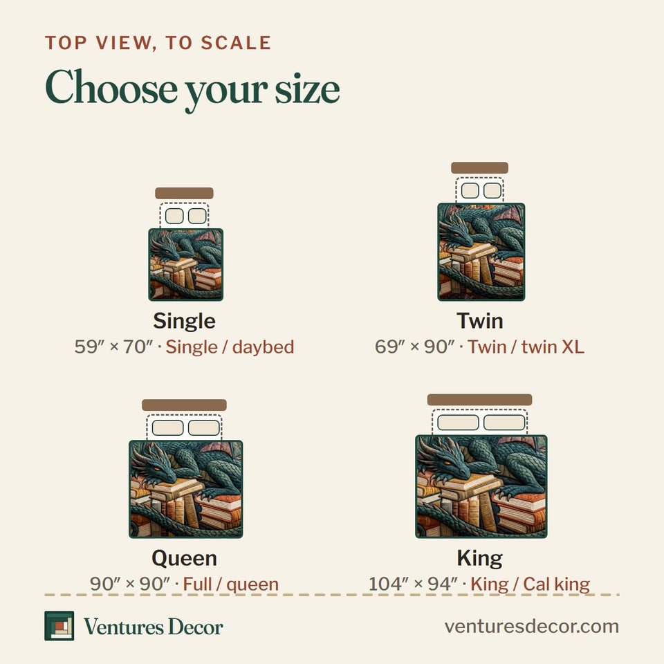 Size guide for the Dragon on the Book Hoard quilt, top view to scale: Single 59 x 70 in, Twin 69 x 90 in, Queen 90 x 90 in, King 104 x 94 in