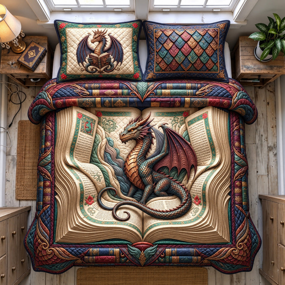 Dragon Storybook quilted bedding set, quilt and two pillow shams on a made bed