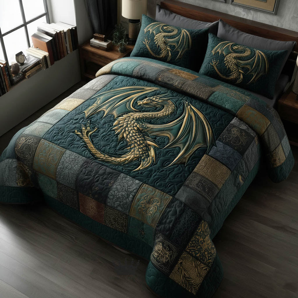 Dragon Teal Patchwork Wings quilted bedding set, quilt and two pillow shams on a made bed