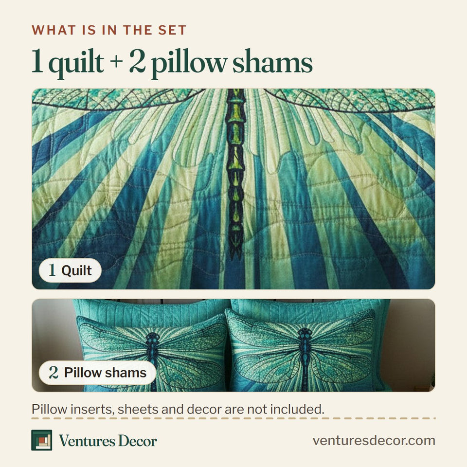 What is in the set: one quilt and two pillow shams, shown in the Dragonfly Aqua Green Sunburst design
