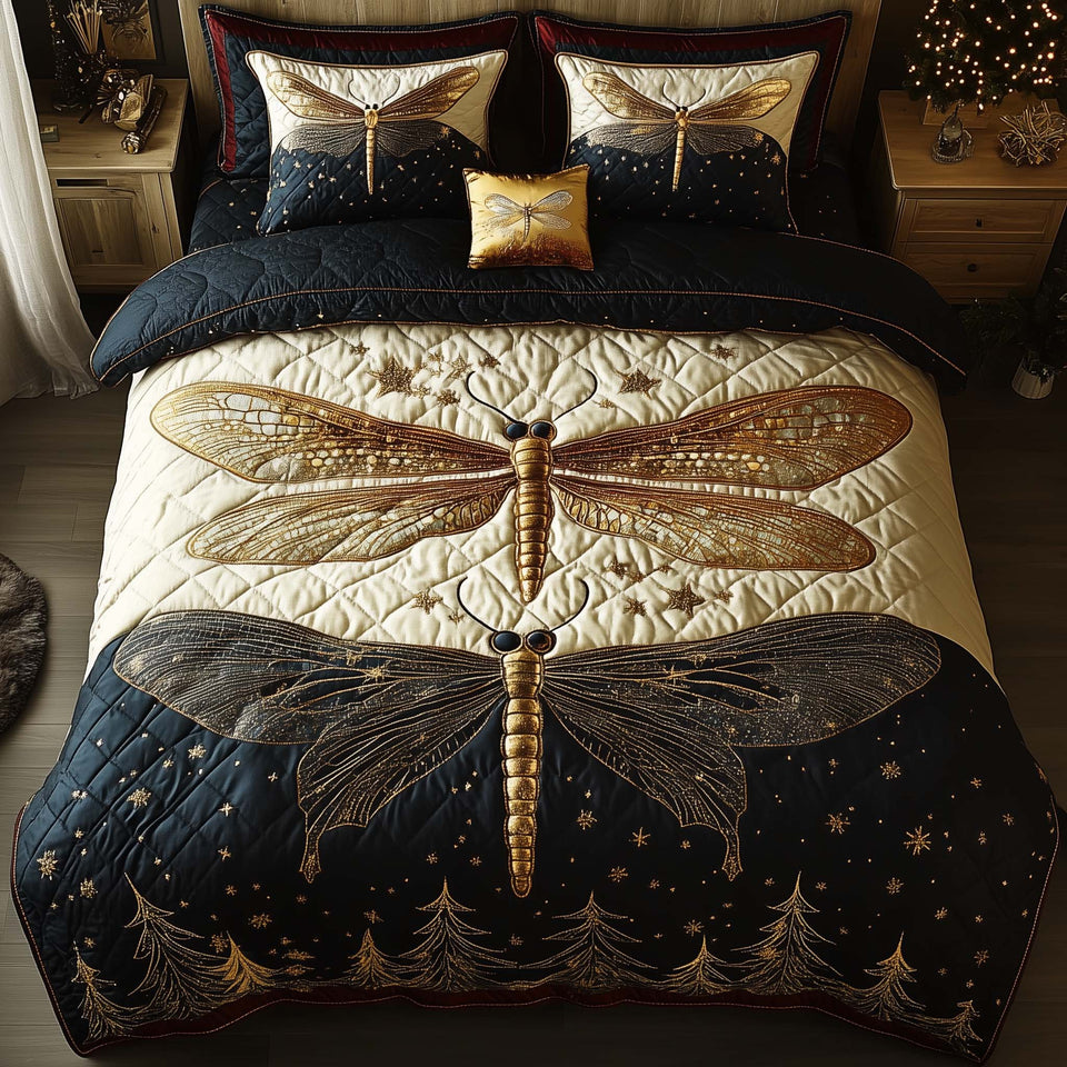Dragonfly Champagne Wings Black Ground quilted bedding set, quilt and two pillow shams on a made bed