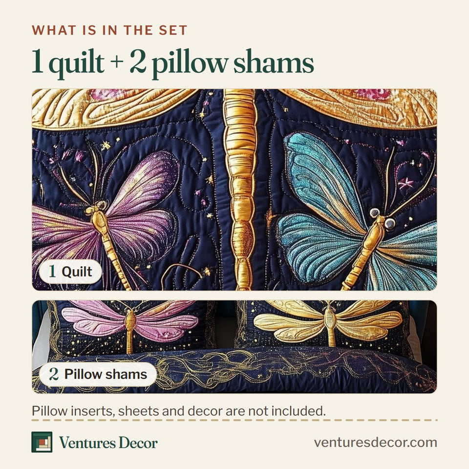 What is in the set: one quilt and two pillow shams, shown in the Dragonfly Dream Golden Wings On Starry Navy design