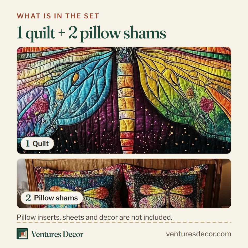 What is in the set: one quilt and two pillow shams, shown in the Dragonfly Dream Rainbow Wings On Dark Patchwork design