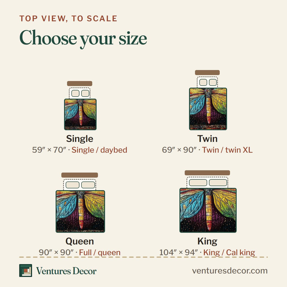 Size guide for the Dragonfly Dream Rainbow Wings On Dark Patchwork quilt, top view to scale: Single 59 x 70 in, Twin 69 x 90 in, Queen 90 x 90 in, King 104 x 94 in