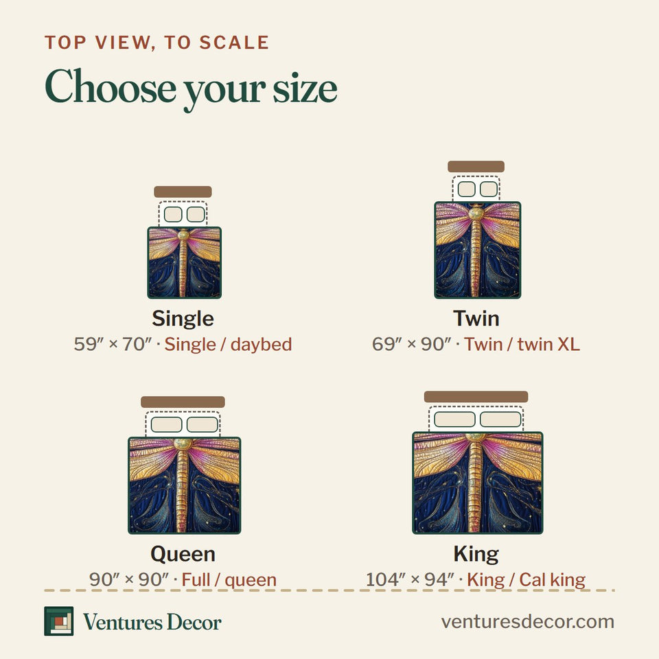 Size guide for the Dragonfly Dream Rose Wings On Violet Starfield quilt, top view to scale: Single 59 x 70 in, Twin 69 x 90 in, Queen 90 x 90 in, King 104 x 94 in
