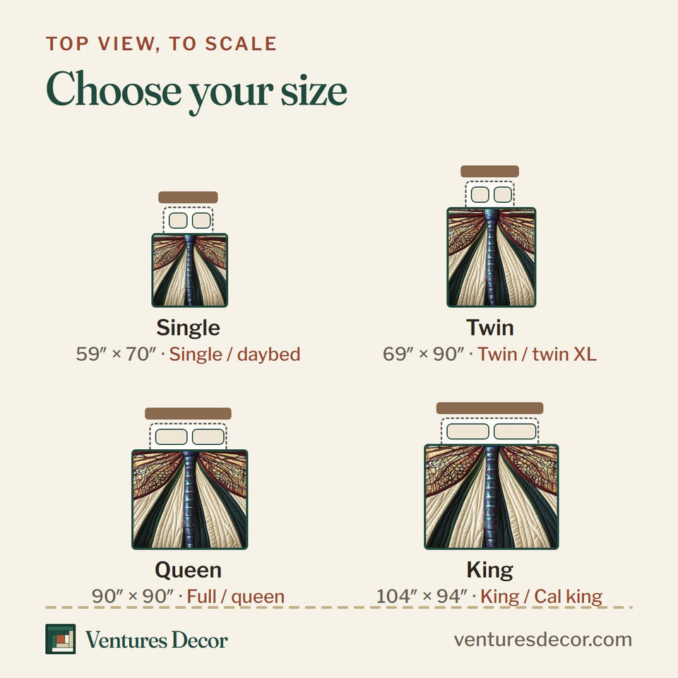 Size guide for the Dragonfly Emerald Panel Cream Rays quilt, top view to scale: Single 59 x 70 in, Twin 69 x 90 in, Queen 90 x 90 in, King 104 x 94 in