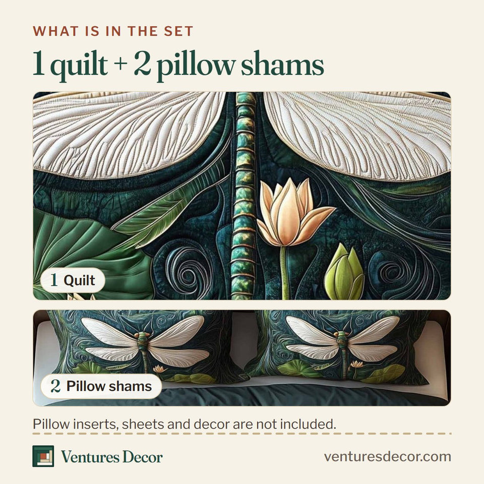 What is in the set: one quilt and two pillow shams, shown in the Dragonfly Glow Broad White Wings Above Lily Pads design