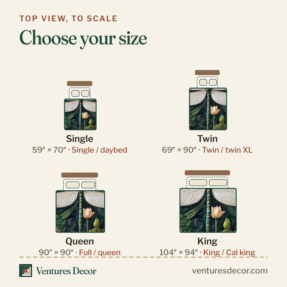 Size guide for the Dragonfly Glow Broad White Wings Above Lily Pads quilt, top view to scale: Single 59 x 70 in, Twin 69 x 90 in, Queen 90 x 90 in, King 104 x 94 in