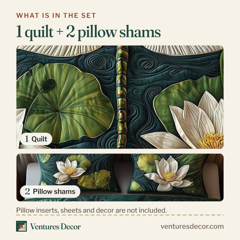 What is in the set: one quilt and two pillow shams, shown in the Dragonfly Glow Ivory Wings Between Two Lotus design