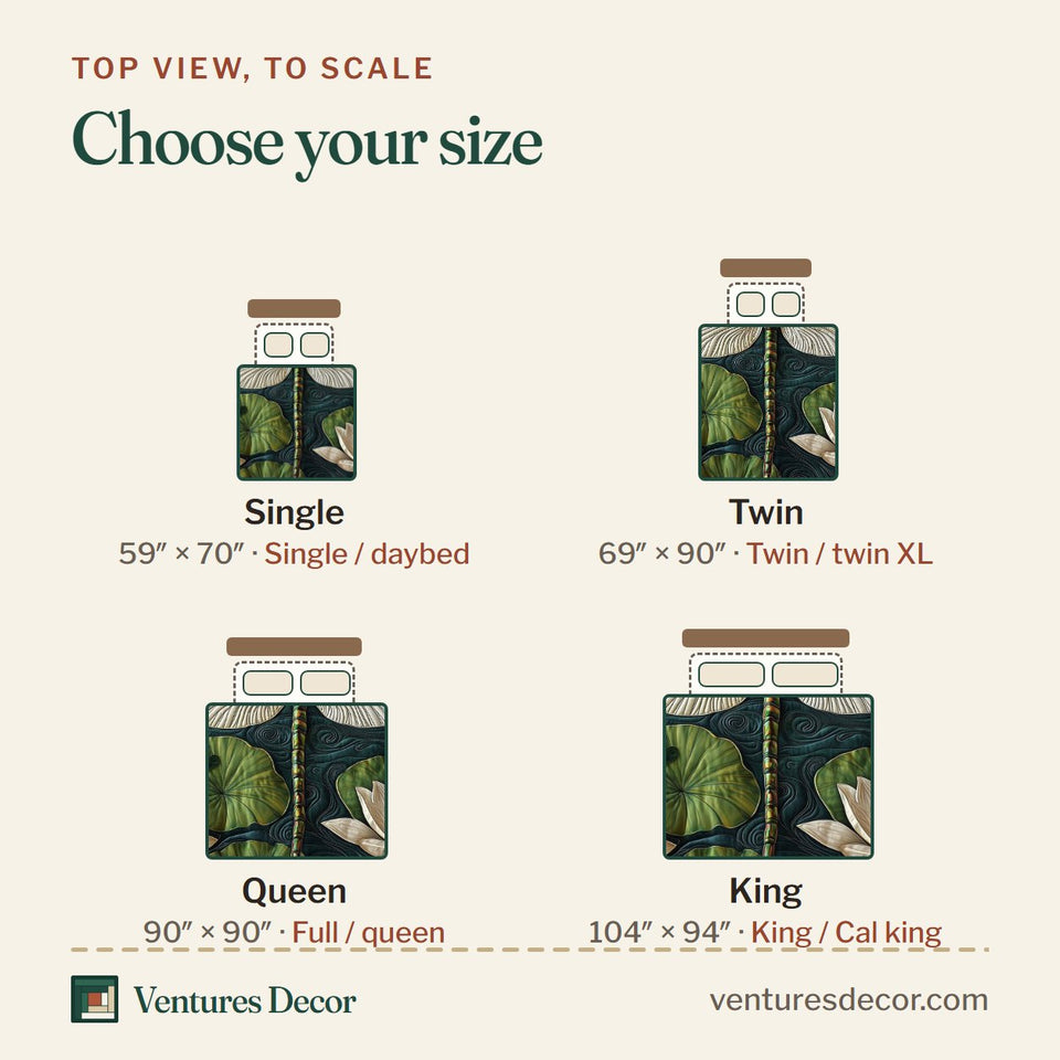 Size guide for the Dragonfly Glow Ivory Wings Between Two Lotus quilt, top view to scale: Single 59 x 70 in, Twin 69 x 90 in, Queen 90 x 90 in, King 104 x 94 in