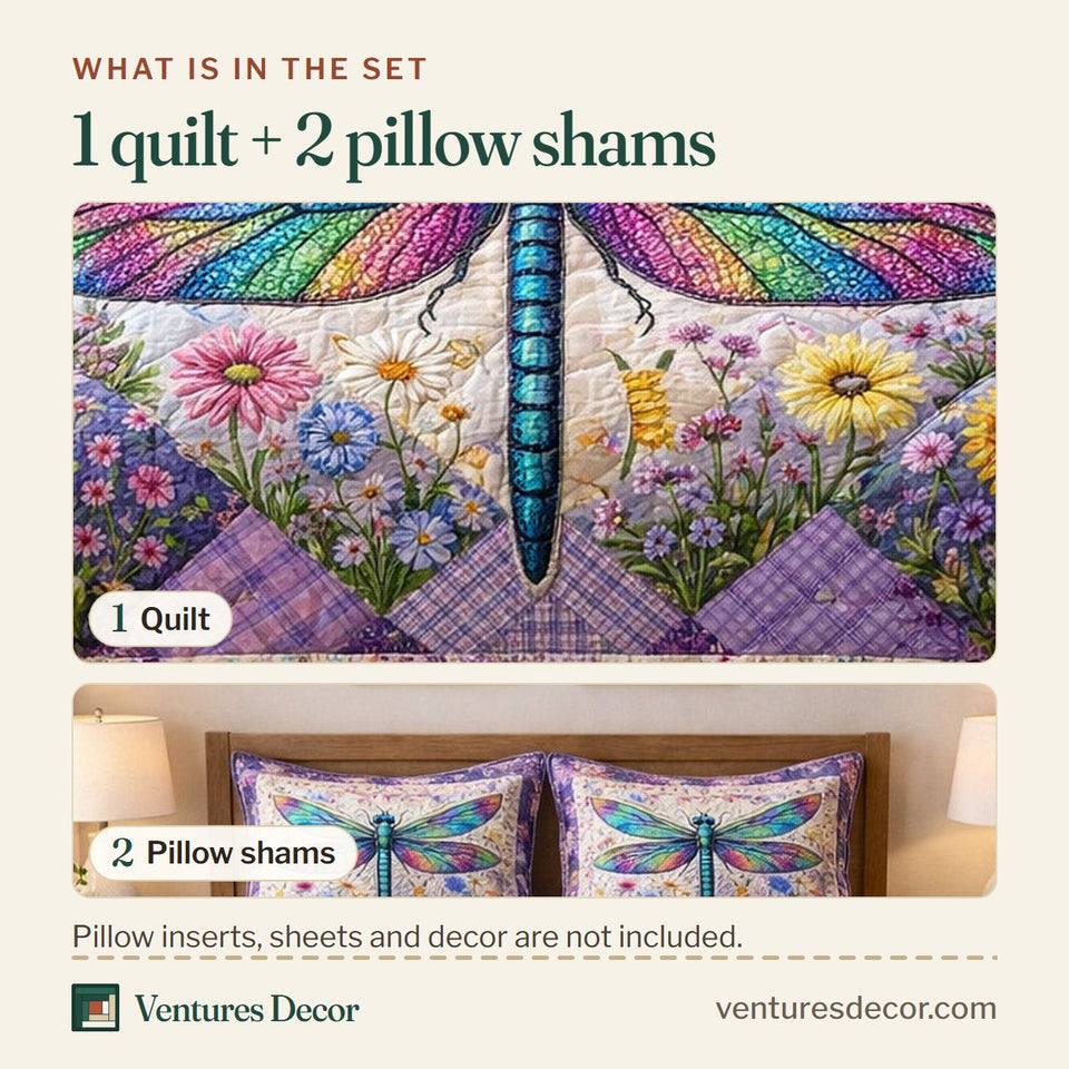 What is in the set: one quilt and two pillow shams, shown in the Dragonfly Glow Teal Wings On Lilac Patch Border design