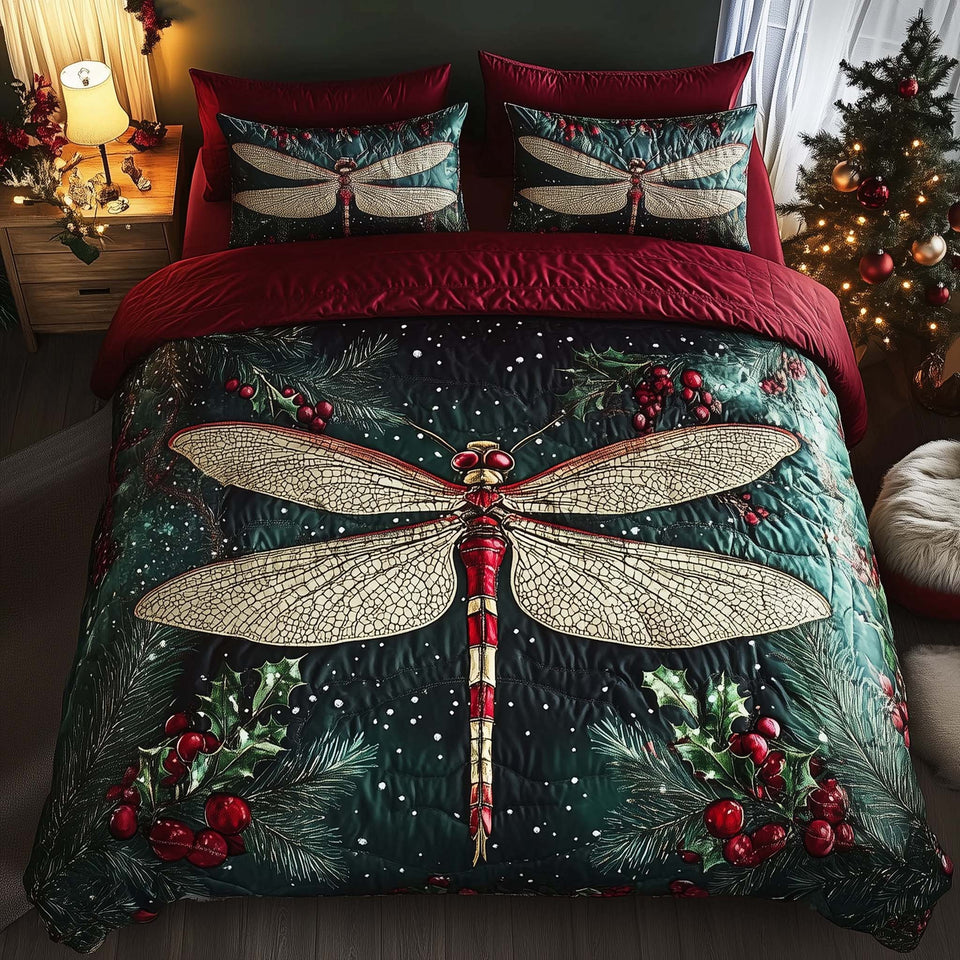 Dragonfly Holly Berry Crimson Border quilted bedding set, quilt and two pillow shams on a made bed