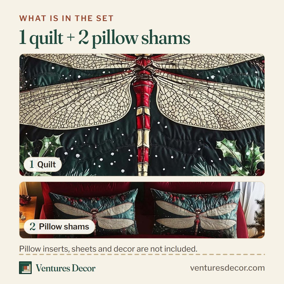 What is in the set: one quilt and two pillow shams, shown in the Dragonfly Holly Berry Crimson Border design