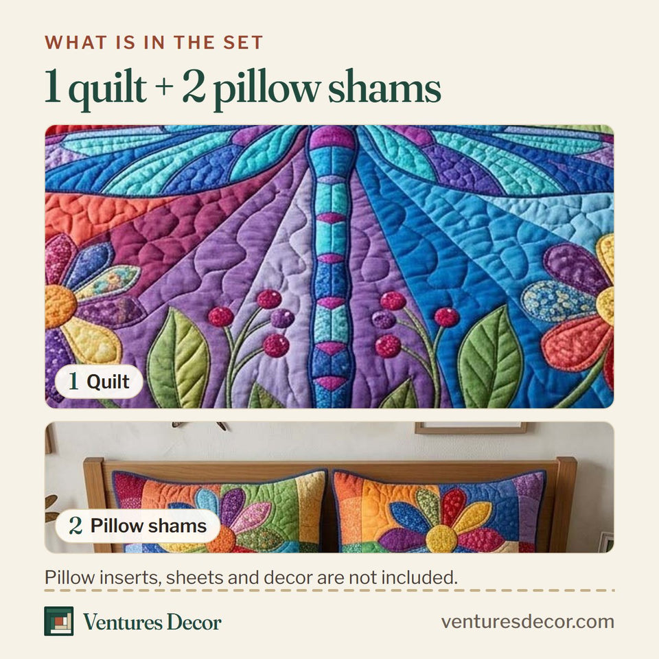 What is in the set: one quilt and two pillow shams, shown in the Dragonfly in Rainbow Blooms design