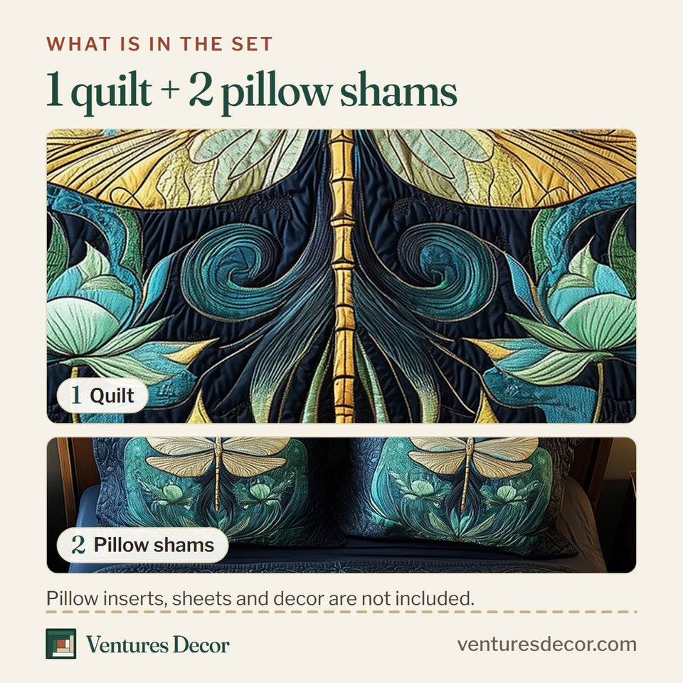 What is in the set: one quilt and two pillow shams, shown in the Dragonfly Lotus Dream design