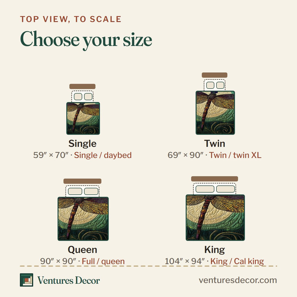 Size guide for the Dragonfly Mandala Golden Crescent Moon quilt, top view to scale: Single 59 x 70 in, Twin 69 x 90 in, Queen 90 x 90 in, King 104 x 94 in